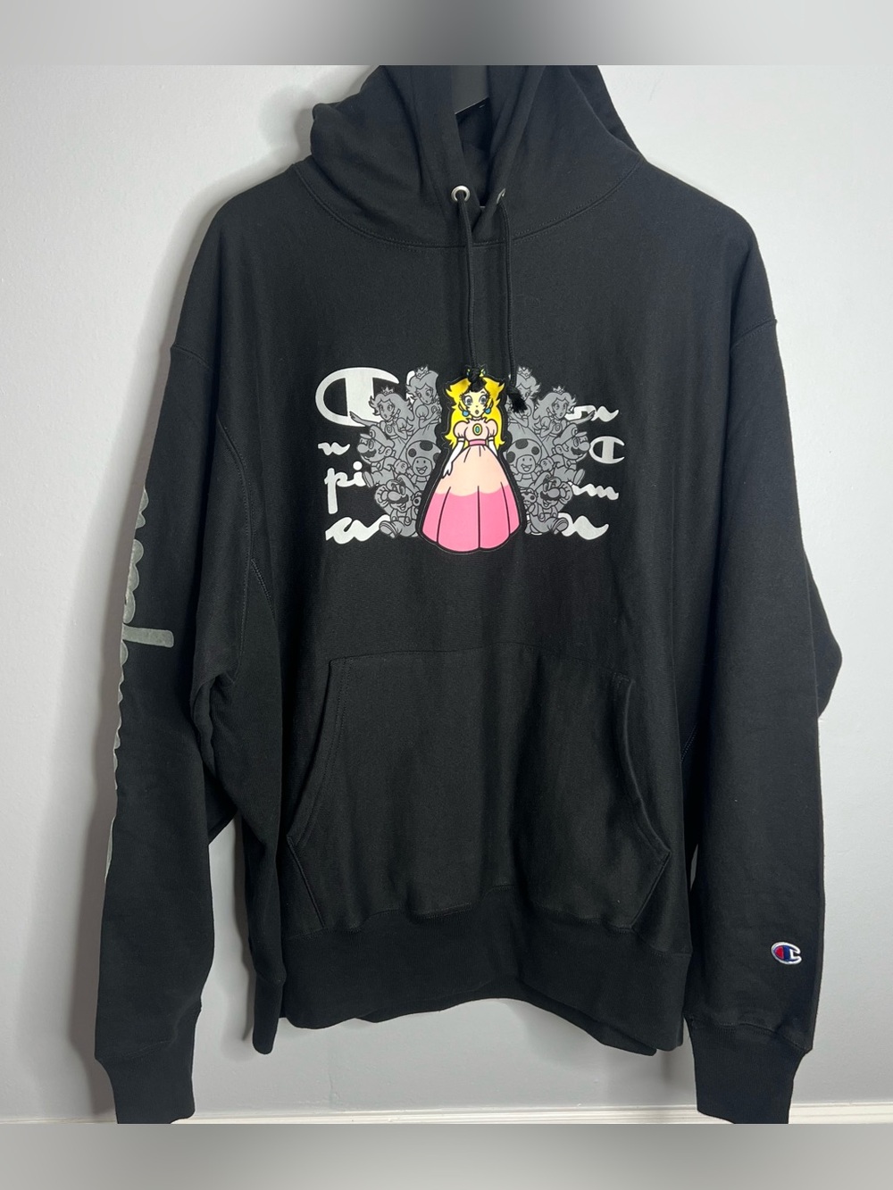 Champion x Super Mario Bros Reverse Weave Princess Peach Hoodie Mens XL Black